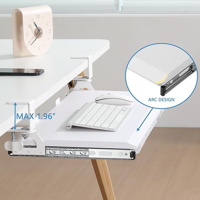 ETHU Keyboard Tray Under Desk, Pull Out Keyboard & Mouse Tray with C-clamp, Ergonomic Desk Keyboard Tray Slide Out, Pull Out Platform Drawer for Home and Office(White)