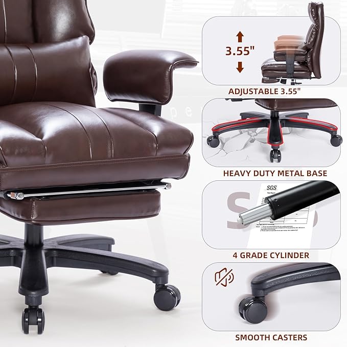 Big and Tall Office Chair 500lbs Wide Seat Executive Office Desk Chair High-Back Office Task Chair with Foot Rest, Ergonomic Lumbar Support Computer Office Chairs for Heavy People(Brown)