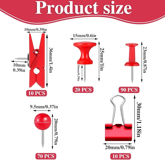 BESARME 200 Pieces Red Push Pins, 5 Style Thumb Tacks Decorative Pins for Cork Board Bulletin Wall Craft Office Home Supplies