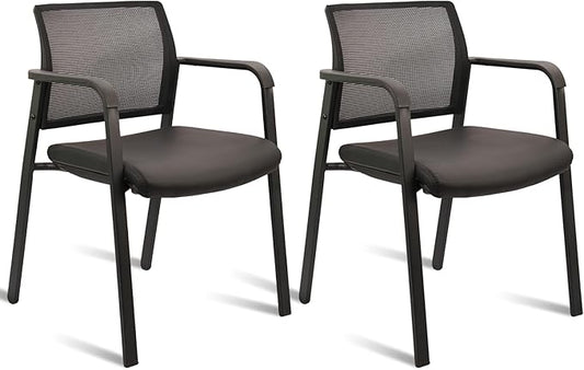 CLATINA Stackable Office Chair, Mesh Back Guest Chairs with Comfortable Leather Seat Arms Stacking Ergonomic Desk Chair No Wheels for Conference Waiting Reception School Stationary, Black, Set of 2