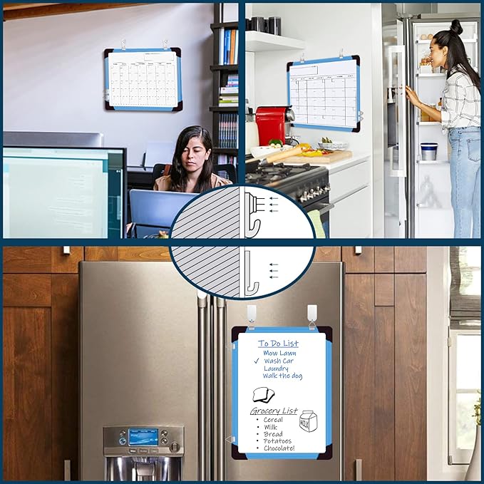 Dry Erase Calendar Whiteboard, Magnetic White Board Calendar Dry Erase Board, 16" X 12" Monthly Calendar Board Small Wall Hanging Planner Memo Whiteboard for Home, School, Office, Kitchen (Blue)