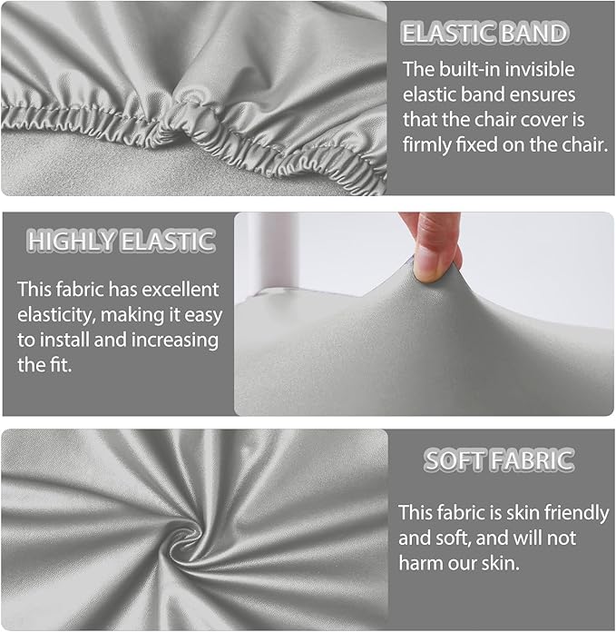 CWK Waterproof PU Leather Dining Chair Covers Set of 2-Stretchable Chair Seat Slipcovers, Removable & Washable Protector for Dining Room,Home,Office,Wedding,Rear Covers (PU-Silver)