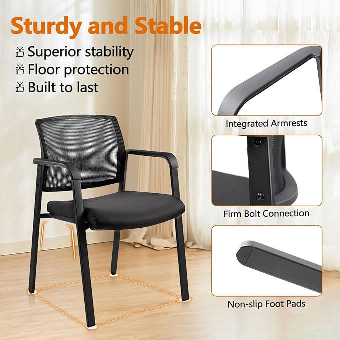 CLATINA Mesh Back Stacking Arm Chairs with Upholstered Fabric Seat and Ergonomic Lumbar Support for Office School Church Guest Reception Black 2 Pack Set