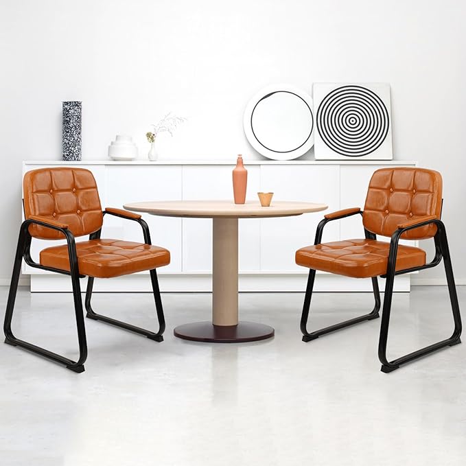 CLATINA Office Guest Chair, Leather Reception Chairs with Padded Arms, Desk Chair No Wheels Stationary for Conference Lobby Waiting Room Training Side Elderly, Orange