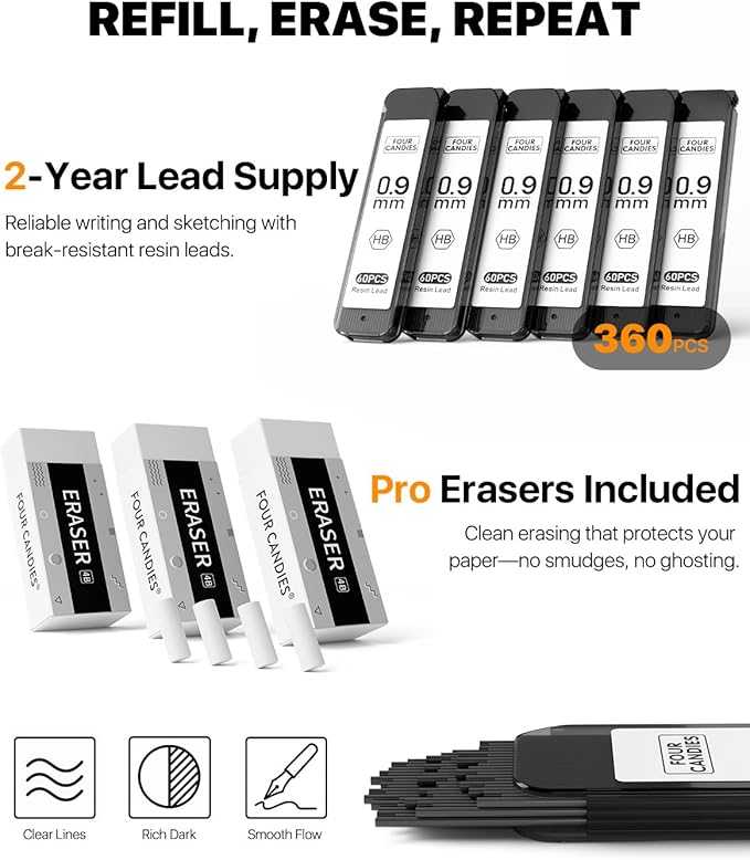 Four Candies Metal Mechanical Pencil Set - 6PCS 0.9mm Art Mechanical Pencils & 360PCS HB Lead Refills & 3PCS Erasers & 9PCS Eraser Refills, Drawing Mechanical Pencils for Writing, Sketching -With Case