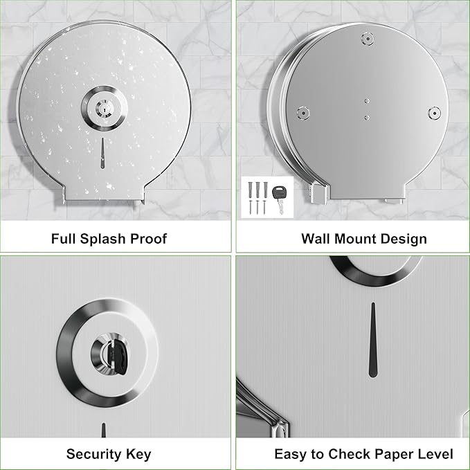 Brushed Stainless Steel Paper Towel Dispenser Wall Mount, TOBEFORT Commercial Jumbo Toilet Paper Dispenser, 9 Inch Roll with 2.5 Core, Toilet Paper Holder Bath Tissue Dispenser Lock Key