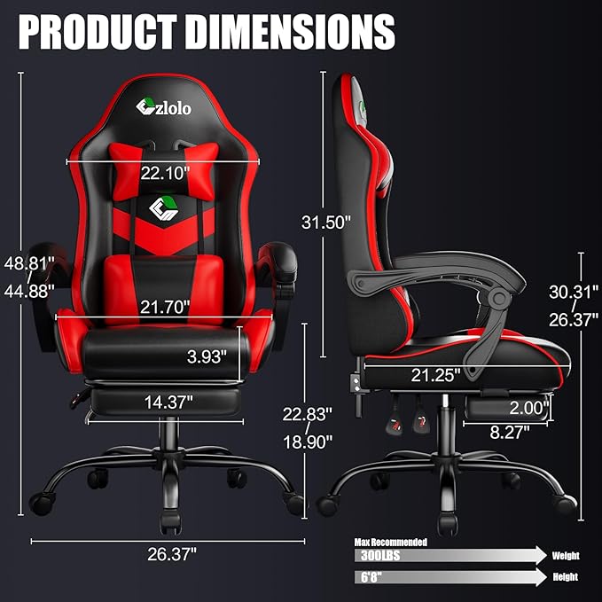 Gaming Chair, Ergonomic Office Computer Chair with Footrest and Lumbar Support Massager Racing Style High Back Video Gamer Chair, Wide＆Thick Cushion, 90°-135° Recline, Adjustable Height, Red