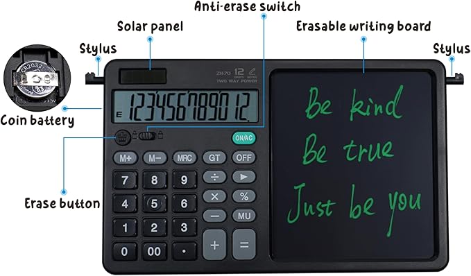 Desk Calculator Large Display with 7'' Erasable Writing Pad, 12 Digits Large Screen Display Jumbo Calculadora, Solar & Battery Powered Big Button Calculators for Business Office School, Black