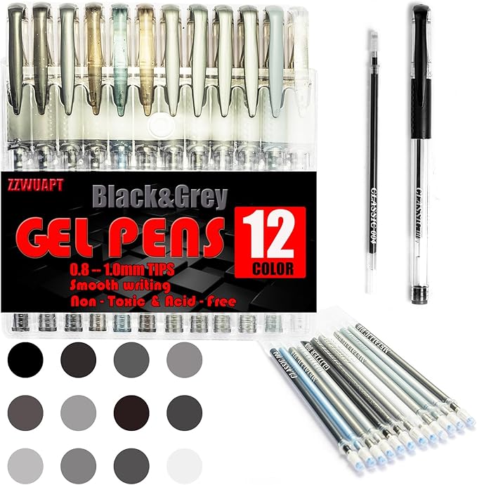 Grey Gel Pens for Coloring Book,36 Color Gel Pens Set including 12 Color Gel Pen with 24 Refills,40% More Ink Colored Gel Pens for Drawing, Doodling, Scrapbook, Journaling