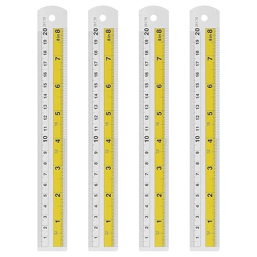HARFINGTON 4pcs Metal Straight Ruler 20cm Metric SAE Aluminum Alloy Measuring Rulers Scale Tool with Hole for Measure Study Reading Classroom Office, Yellow