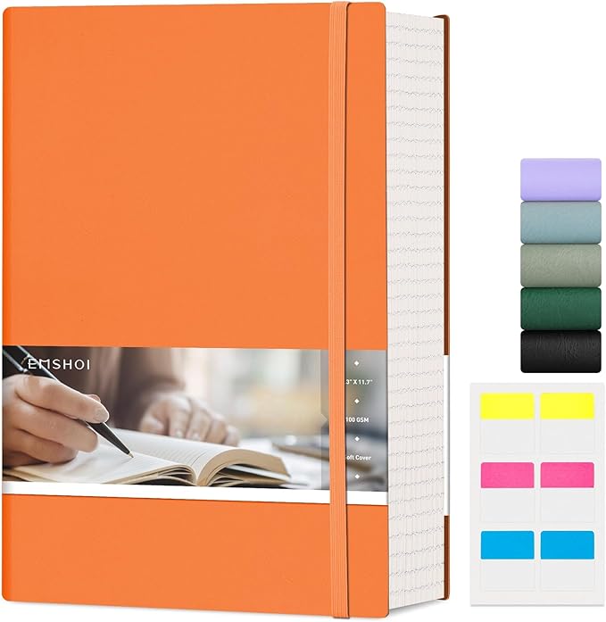 EMSHOI A4 College Ruled Notebook Journal- 400 Pages (200 sheets), 7mm Spacing & Vegan Leather Cover for Work, School, Bible Study, Bullet Journaling- with Sticky Notes, Pocket & Pen Holder - Orange
