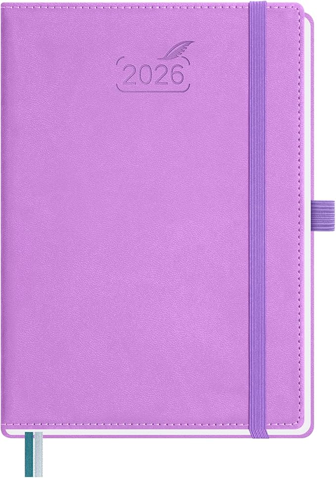 BEZEND 2026 Planner Weekly and Monthly (6" x 8.5") Daily Calendar with Half-Hourly Timeslots & Tabs (Jan-Dec) Note & Expenses, Pen Holder, Inner Pocket, Vegan Leather Hardcover - Lavender