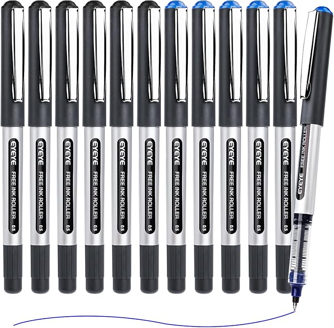 EYEYE Rollerball Pens 0.5mm, 6 Black 6 Blue Roller Ball Pen Extra Fine Point Quick Dry, Liquid Ink Pens Fine Point Smooth Writing Pen for Journaling, Note Taking, Office, School Supplies