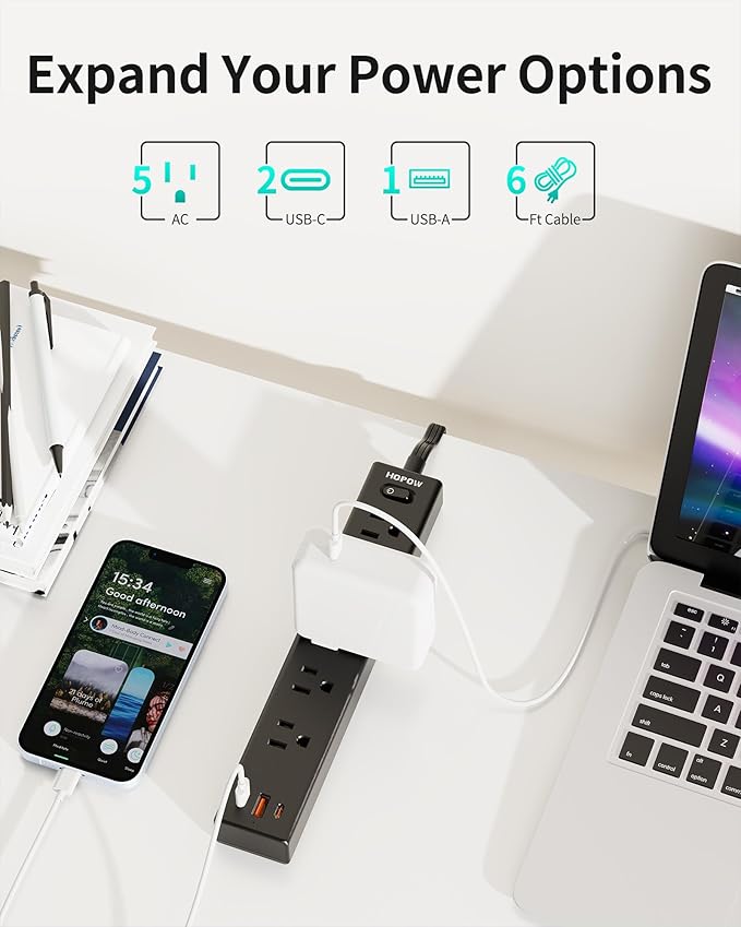 Flat Plug Power Strip, 2 Pack, 6 Ft Ultra Thin Flat Extension Cord, Surge Protector with 5 Outlets & 3 USB Ports (2 USB C Slots), 1700 Joules, 3-Prong, Wall Mount for Home Office Dorm, Black