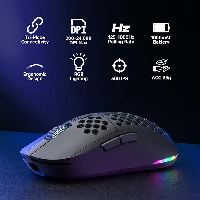 DIERYA M1 Wireless Gaming Mouse, 24000DPI, 180Hrs Battery, 16.8M RGB, 6 Programmable Buttons, Lightweight, Tri-Mode (2.4G/BT5.2/USB-C) for PC/Mac/Laptop - Black