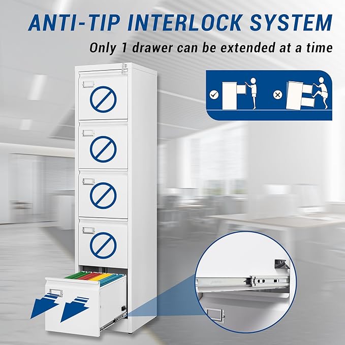 File Cabinets - 5 Drawers Vertical 17.8" Deep Lockable Filing Cabinet - White Metal Storage Cabinets for Home Office to Hanging Files Letter/Legal/F4/A4 Size