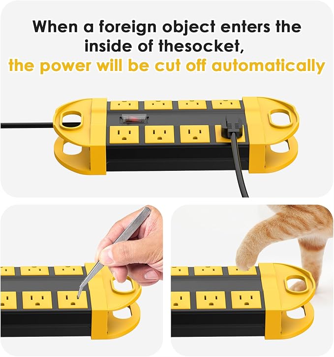 CCCEI 2 Outdoor Power Strips Weatherproof with 8 Plug, Waterproof Extension Cord with Multiple Outlets, Christmas Exterior Garden Yard Surge Protector 6FT, Yellow.