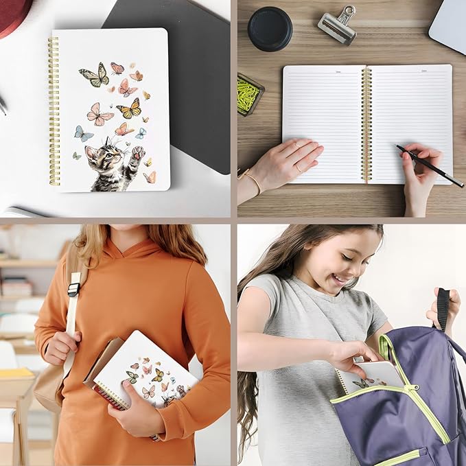 Cute Spiral Notebook journal B5 Aesthetic Pretty Design for Women Girls Kawaii with Pocket, 10 x 7.2 inch, Lined, Cat Butterfly