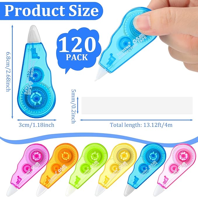 Chivao 120 Pack Mini Correction Tape Bulk Ink Corrector Eraser Tape Set 13.12 ft Cute Aesthetic Colorful Instant Correction Applicator for Office School Student Stationery Supplies, 0.2 x 158 Inch