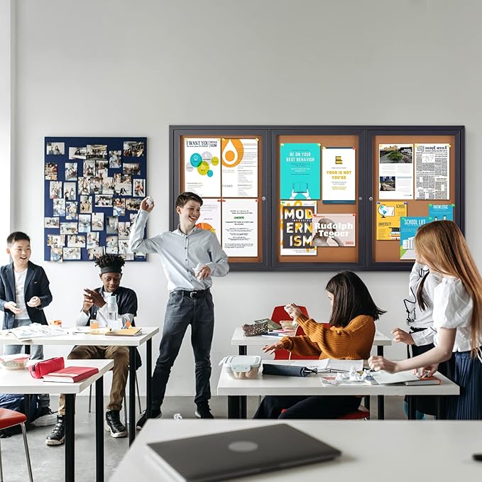 Enclosed Bulletin Board Outdoor Noticeboard with Locking Door, Weather-Resistant, Cork, Black Aluminum Frame, 70 x 36 in