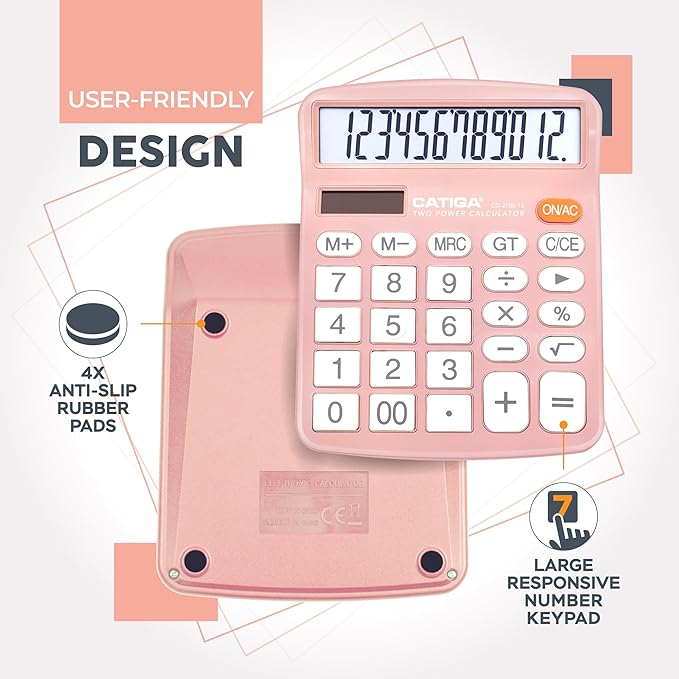 CATIGA 12 Digits Desktop Calculator with Large LCD Display and Sensitive Button, Dual Solar Power and Battery, Standard Function for Office, Home, School, CD-2786(Light Pink)