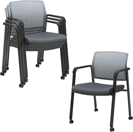 CLATINA Mesh Back Stacking Arm Chairs with Upholstered Fabric Seat and Ergonomic Lumbar Support for Office School Church Guest Reception (WithWheels Gray- 4 Pack)