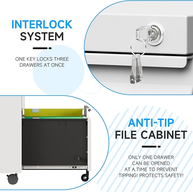 Bestoo 2 Drawer Mobile File Cabinet with Lock, File Cabinet on Wheels for Letter/Legal/A4 File, Metal Rolling File Cabinets for Home Office (White)
