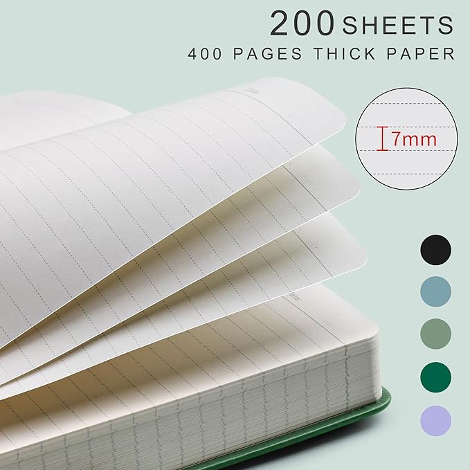 EMSHOI A5 College Ruled Notebook Journal- 400 Pages (200 sheets), 7mm Spacing & Vegan Leather Cover for Work, School, Bible Study, Bullet Journaling- with Sticky Notes, Pocket & Pen Holder- Dark Green