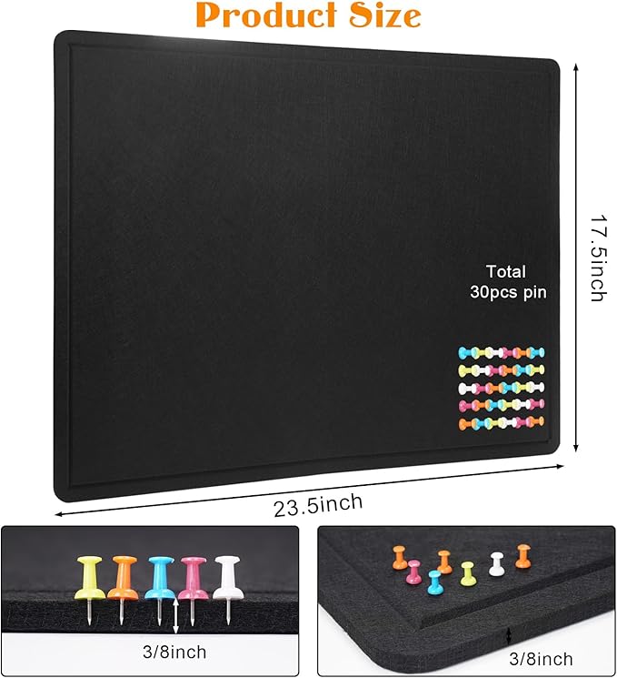 Bulletin Board, 23.5 X 17.5 inches Cork Board with 20 Pushpin, Felt Cork Board Notice Pin Board, Self-Adhesive Vision Board Mood Board Foldable Photo Board for Wall - Black