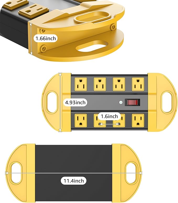 CCCEI Heavy Duty Power Strip Surge Protector, Metal 8 Outlets Power Strip for Appliance. Garage Shop Industrial Workbench 15 AMP Outlets Strip. 6FT Extension Cord, Yellow