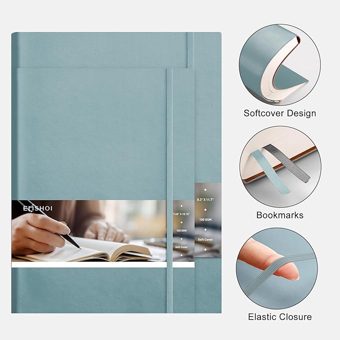 EMSHOI B5 College Ruled Notebook Journal - 400 Pages (200sheets), 7mm Spacing & Vegan Leather Cover for Work, School, Bible Study, Bullet Journaling - with Sticky Notes, Pocket & Pen Holder- GrayBlue