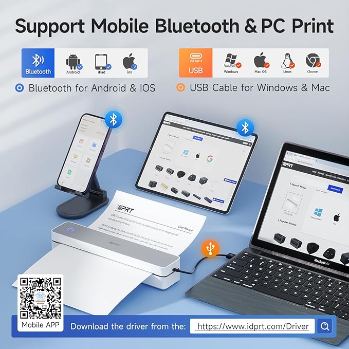 iDPRT Portable Printer Wireless for Travel - 203DPI Bluetooth Mobile Printer Support for 8.5"x11" US Letter, Inkless Compatible with iOS, Android, Laptop for Office, Car and Home, School