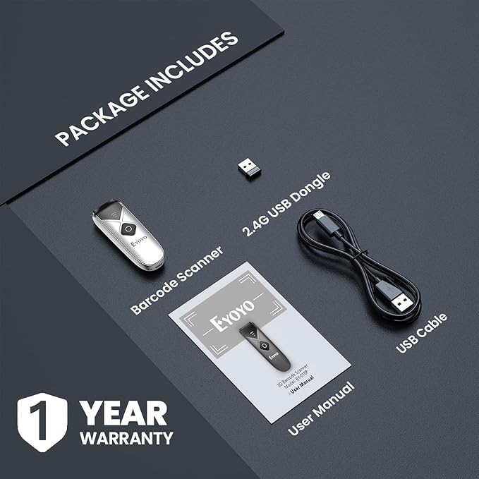 Eyoyo Bluetooth 2D&1D Barcode Scanner, Portable Wireless Mini but Powerful Barcode Reader with 2.4G Wireless&Bluetooth&USB Wired Connection, QR Code Scanner for Phone, Tablet PC