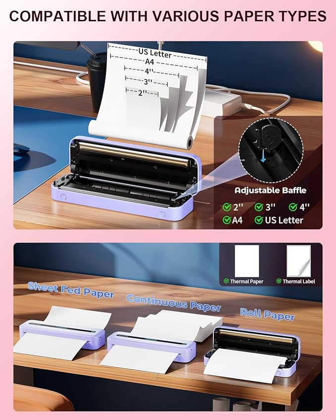 COLORWING Portable Printers Wireless for Travel, 300DPI Mini Compact Inkless Printer, Thermal Bluetooth Printer Compatible with Android and iOS Smartphone & Tablet & Laptop - Purple