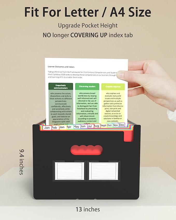 Expanding File Folder, 24 Pocket Accordion A4 Letter Size Portable Document Organizer with Colored Tabs, Expandable Bill Coupon Folder - Black