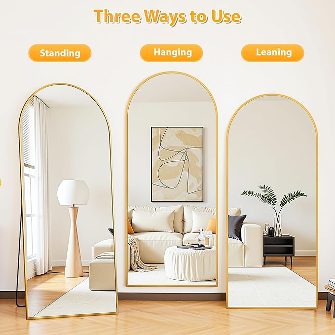 Full Length Mirror, 78"x38" Oversized Floor Mirror Freestanding, Full Body Mirror Floor Standing Mirrors with Stand, Hanging Mounted Mirrors for Bedroom Living Room, Gold, Arched Style