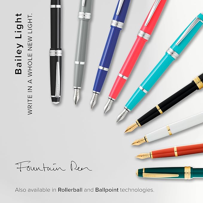 Cross Bailey Light Refillable Fountain Presented in a Everyday Gift Box - Medium Point, Black Ink, Polished White