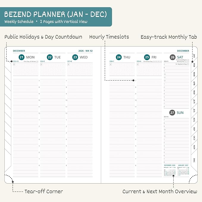 BEZEND 2026 Planner Weekly and Monthly (6" x 8.5") Daily Calendar with Half-Hourly Timeslots & Tabs (Jan-Dec) Note & Expenses, Pen Holder, Inner Pocket, Vegan Leather Hardcover - Dark Green