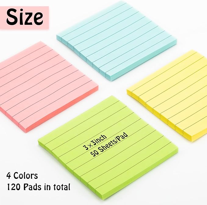 Fainne 120 Pack Sticky Notes 3x3 Bulk Back to School Supplies Self Stick Note Pads Lined Adhesive Paper Memo Colorful Gifts for First Day of School Student Teacher Office, 50 Sheets/Pad