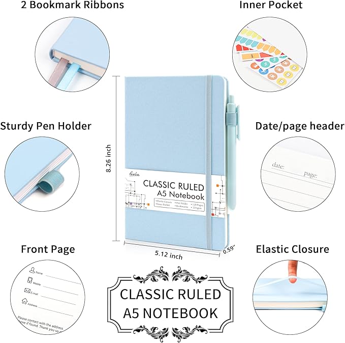 feela 8 Pack Notebooks Journals Bulk, Hardcover Notebook Classic Ruled Lined Journals with Pen Holder for Women Girls School Business Supplies, with 8 Black Pens, 120 GSM, 5.1”x8.3”, A5, Light Blue