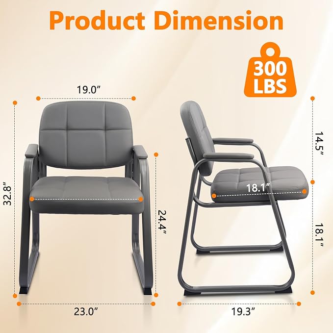 CLATINA Waiting Room Guest Chair with Bonded Leather Padded Arm Rest for Office Reception and Conference Desk Black with Sled Base Grey 2 Pack