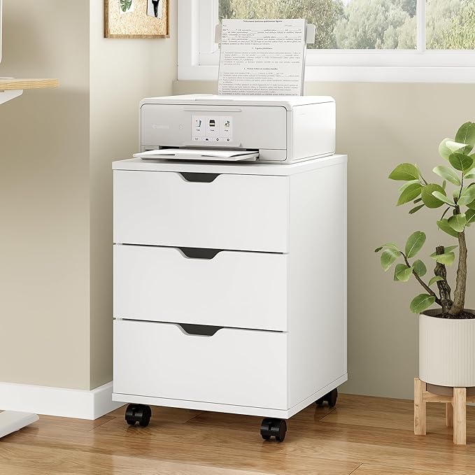 Farini 3-Drawer Under Desk Wooden File Cabinet with Lockable Caster Storage Cabinets for Home Office,White,Required Assembly