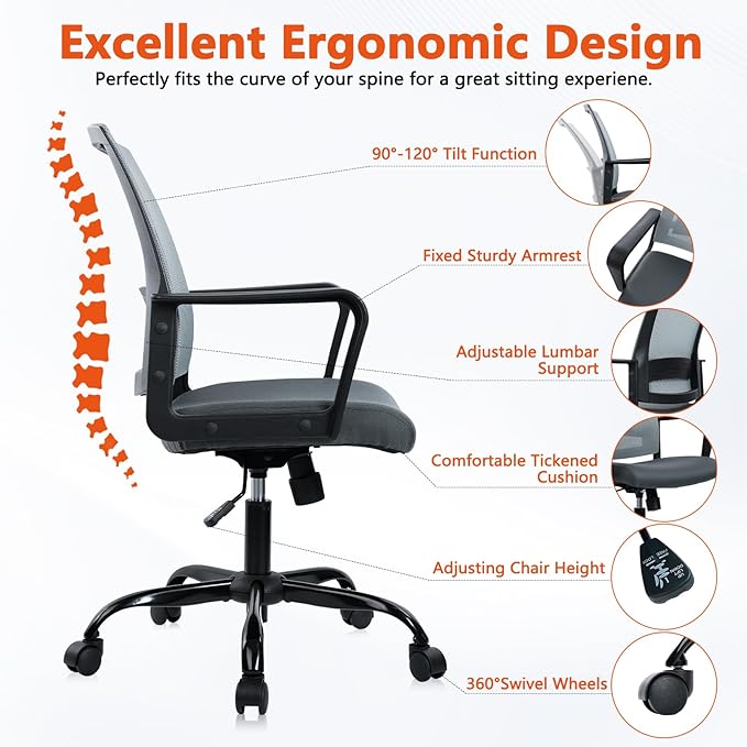 CLATINA Ergonomic Office Desk Chair - Mesh Office Chair with Adjustable Lumbar Support, Rolling Comfortable Computer Task Chairs with Arms for Home Conference-Gray, 4 Pack
