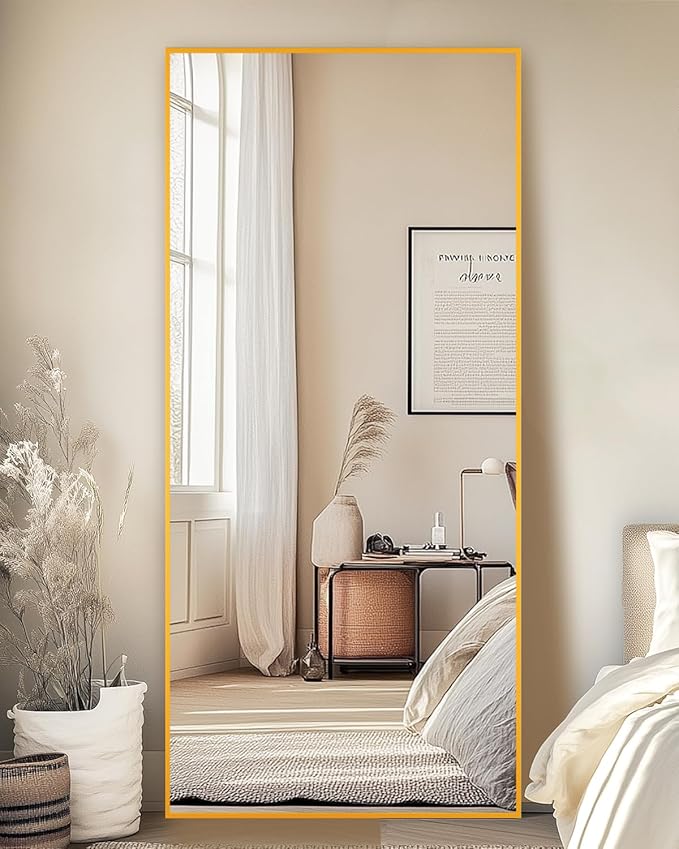 Full-Length Floor Mirror with Stand, 71"x28" Rectangle Style Full Body Standing Mirror for Bedroom, Living Room, Gym, Dorm - Shatter-Resistant & Easy Assembly, Gold