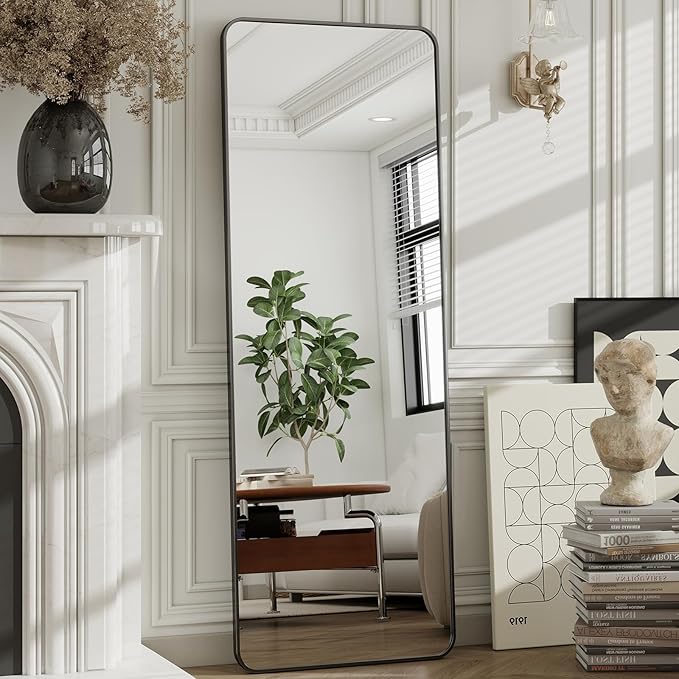 HARRITPURE 56" x 21" Rounded Full Length Mirror Aluminum Frame Black Mirror Full Length Floor Mirror with Stand for Living Room Bedroom Cloakroom