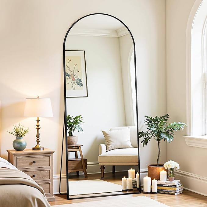 Full Length Mirror, 58"x18" Oversized Floor Mirrors Freestanding, Full Body Mirror Floor Standing Mirrors with Stand, Hanging Mounted Mirrors for Bedroom Living Room, Black, Arched Style