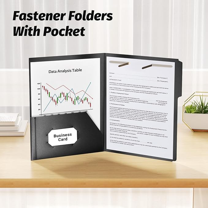 Fastener File Folder,Plastic Folders with Pockets,Reinforced Heavy Duty Pocket Folder with Brad,Manila,1/3 Cut Tabs,Letter Size,12 Pack,Black