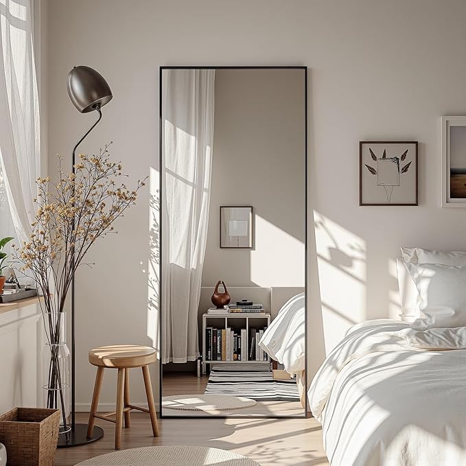 Full Length Mirror, 58"x21" Oversized Floor Mirror Freestanding, Full Body Mirror Floor Standing Mirrors with Stand, Hanging Mounted Mirrors for Bedroom Living Room, Black, Rect Style