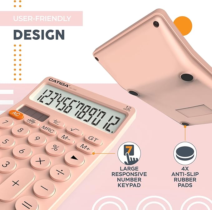 CATIGA 12 Digit Desktop Calculator Basic Desk Calculator with Large LCD Display, Big Buttons, 4 Function, Solar and Battery Dual Power, for Office, School, Home, SD-1292 Pink