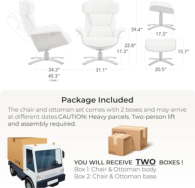 CHITA Fabric Reclining Swivel Chair with Adjustable Headrest and Ottoman for Living Room, White (Multi-Colored)